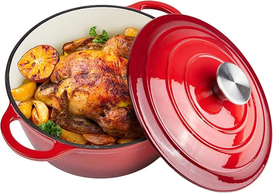 6 Quart Dutch Oven Enameled Cast Iron with Lid - Big Dual Handles - Oven Safe up to 500째F - Classic Round Pot for Versatile Cooking (Red, 6 QT)