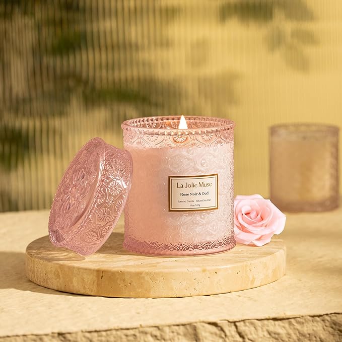 LA JOLIE MUSE Rose Noir & Oud Scented Candle ??Lemon, Rose & Oud | Valentine's Day Candle Gift | 19 oz Large Wooden Wick Candle | Natural Soy Wax | 90 Hours Clean Burn | Elegant Home D챕cor