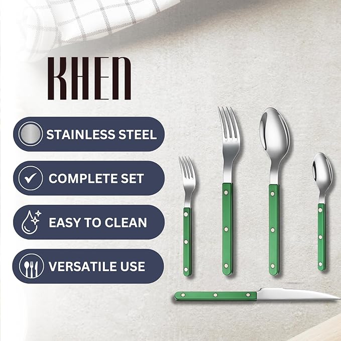 Khen Cutlery Set of 20, 18/8 Stainless Steel Flatware, Modern Silverware for Home, Kitchen, Dining & Table Setting for 4 ??Stainless Steel, Dishwasher Safe, Lightweight & Ergonomic Design Gift - Green