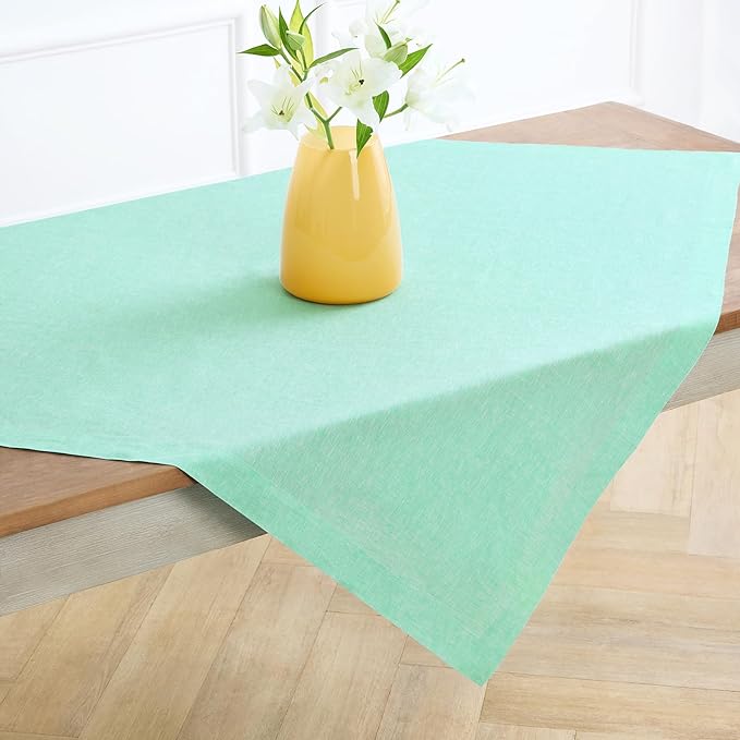 Solino Home Linen Cloth Tablecloth 52 x 52 Inch - 100% Pure Linen Chambray Aqua Square Tablecloth - Athena, Machine Washable Table Throw for Winter, Spring, Easter