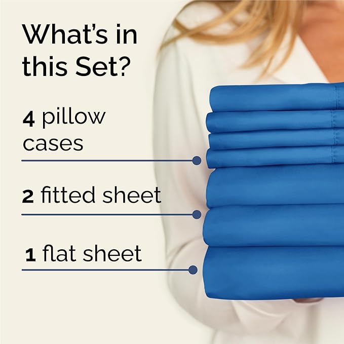 Split King 7 Piece Sheet Set - Cooling & Breathable Bed Sheets - Hotel Luxury Bed Sheets for Women, Men, Kids & Teens - Deep Pockets - Easy Fit - Soft and Wrinkle Free - Split King Royal Blue Sheets