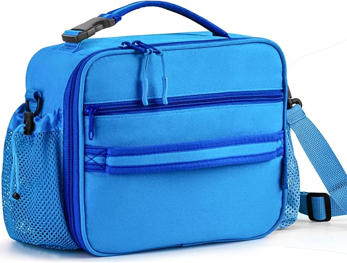Cerbonny Kids Lunch Box For Girls & Boys, Insulated Lunch Bag With Double Bottle Holder & Freezable Liner (Blue)