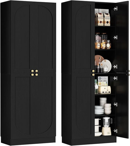 Cyclysio 80" Kitchen Pantry, Extra Tall Arch Storage Cabinet with 4 Doors and Adjustable Shelves, Freestanding Wood Cupboard with Seamless Fit Wall for Dining Living Room Bathroom Furniture (Black)