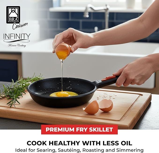 BRA COOKWARE Infinity Nonstick Frying Pan | 8-Inch Cast Aluminum Skillet | PFOA/PFAS Free Fry Pan | All Cooktops (incl Induction) Searing Skillet | Oven Safe up to 425째F (w/o Removable Handle)