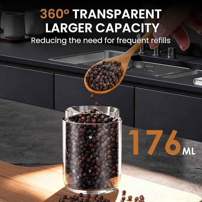 2 Pack Gravity Rechargeable Electric Salt and Pepper Grinder Set, Automatic Salt Pepper Shaker, LED Light One Hand Operation, Washable 176ML Container, Adjustable Coarseness, Black+White