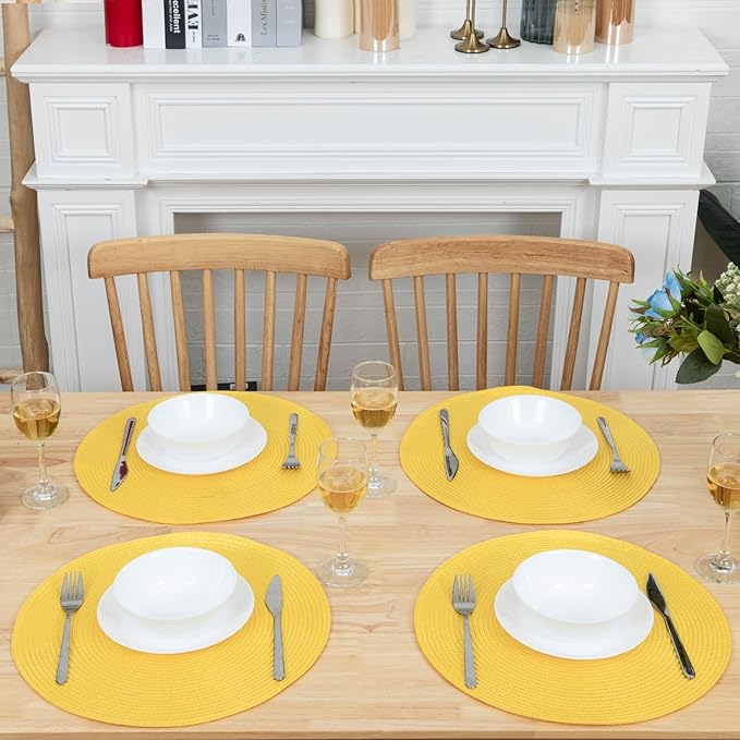 Winknowl Round Braided Placemats Set of 8 Washable Woven Heat Resistant Table Mats for Kitchen Dining Tables 15 inch Round Place Mats (Yellow,8pcs)