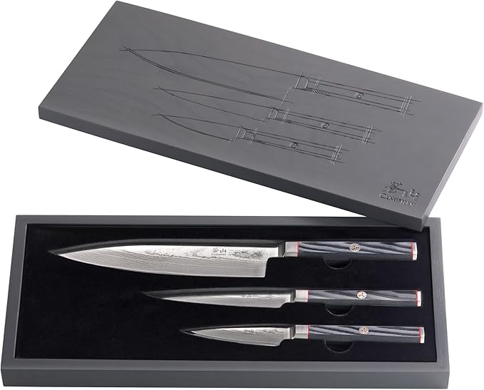Cangshan YARI Series Starter Knife Set With Ash Wood Box, X-7 Damascus Steel (3-Piece)