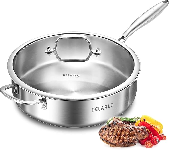 DELARLO Tri-Ply Stainless Steel Frying Pan,12 inch Skillet with Lid,6 Quart Saute Pan,Compatible with All Cooktops,Oven Up to 660??Chicken Fryer,Dishwasher-Friendly