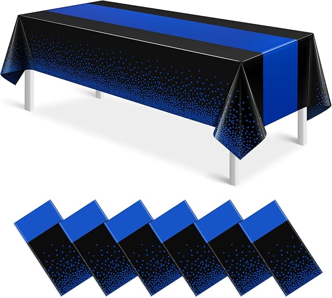 MASHAN 6Pcs Black and Blue Tablecloth Party Decorations,Plastic Black Table Cloth Printed Blue Runner Disposable Rectangle Table Cover for Birthday Wedding Anniversary Graduation Party,54 x108 Inch