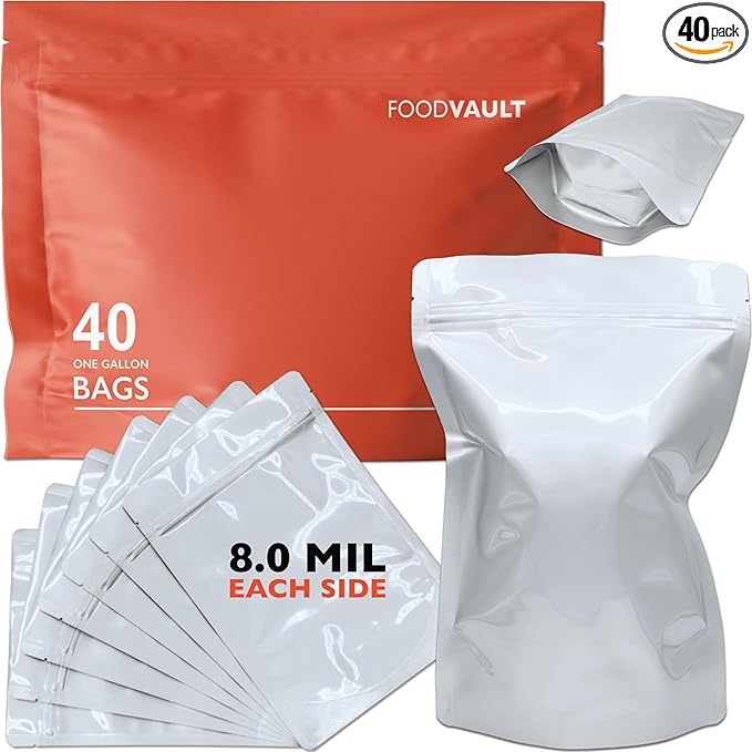 1 Gallon Mylar Bags, 8 Mil per Side, Large Stand-Up Resealable Mylar Bags for Long Term Food Storage, Freeze Drying [40-Pack | 10" x 14" x 5"]