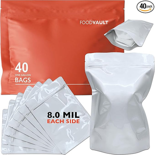 1 Gallon Mylar Bags, 8 Mil per Side, Large Stand-Up Resealable Mylar Bags for Long Term Food Storage, Freeze Drying [40-Pack | 10" x 14" x 5"]