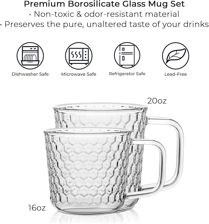 Aquach 20 Oz Glass Coffee Cups, Clear Tea Mugs with Handle, Microwave and Dishwasher Safe Home Office Drinking Mugs Perfect for Americano Cappuccino Hot&Cold Beverages, 2-Pack