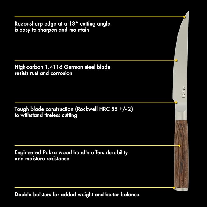 Babish 4-Piece 1.4116 German Stainless Steel Steak Knife Set with Dark Pakka Wood Handles ??Full-Tang Steak Knives for Dining, Entertaining & Everyday Table Use