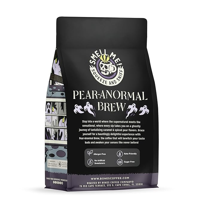 Bones Coffee Company Pear-Anormal, Caramel and Spiced Pear Flavored Coffee, Medium Roast Low Acid Arabica Beans Compatible with Auto drip and French Press Coffee Maker, 12 Oz Ground