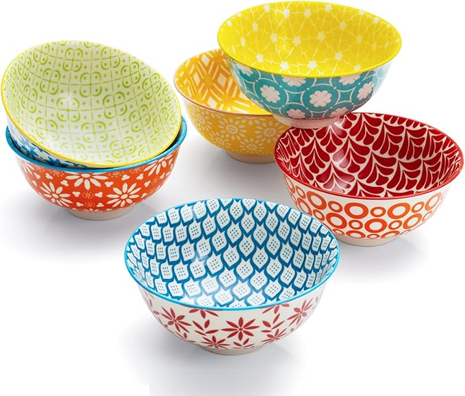 AntoKueh Colorful Ceramic Bowls 10oz, 4.7in small cereal bowl Set of 6 for ice cream, Dessert, Porcelain bowl for Dipping, Sauce, Dishwasher/Microwave safe