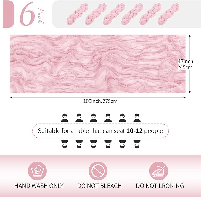 RealBox 6 Pack Light Pink Cheesecloth Table Runner 17x108 Inch Semi Sheer Boho Gauze Cheese Cloth Fabric Table Runners Table Decor for Wedding Party Baby Shower Birthday Home Decor Garden Farmhouse