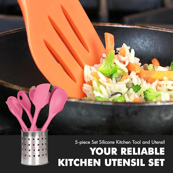 Chef Craft - Premium Silicone Kitchen Tools and Utensils Set, Non-Scratch, Withstands Temperatures up to 450째F, BPA-Free, 5 Piece Cooking Utensils Set, Pink