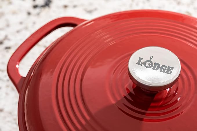 Lodge 6 Quart Enameled Cast Iron Dutch Oven with Lid ??Dual Handles ??Oven Safe up to 500째 F or on Stovetop - Use to Marinate, Cook, Bake, Refrigerate and Serve ??Cranberry