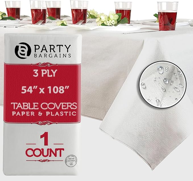 PARTY BARGAINS Disposable Table Covers, 54 x 108 Inch, White, 3-Ply Paper & Plastic Spill-Resistant Party Tablecloths, 1 Pack