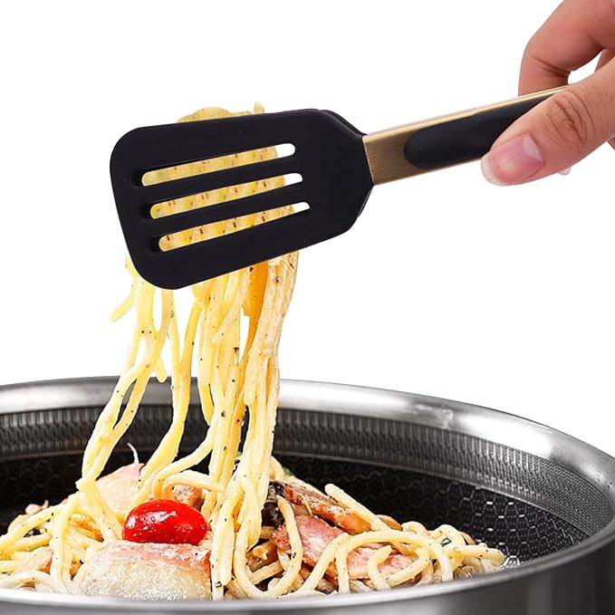 2-Piece Kitchen Spatula Tongs Food Serving Tongs 9" and 12" Cooking with BPA Free Silicone Tips(Gold)