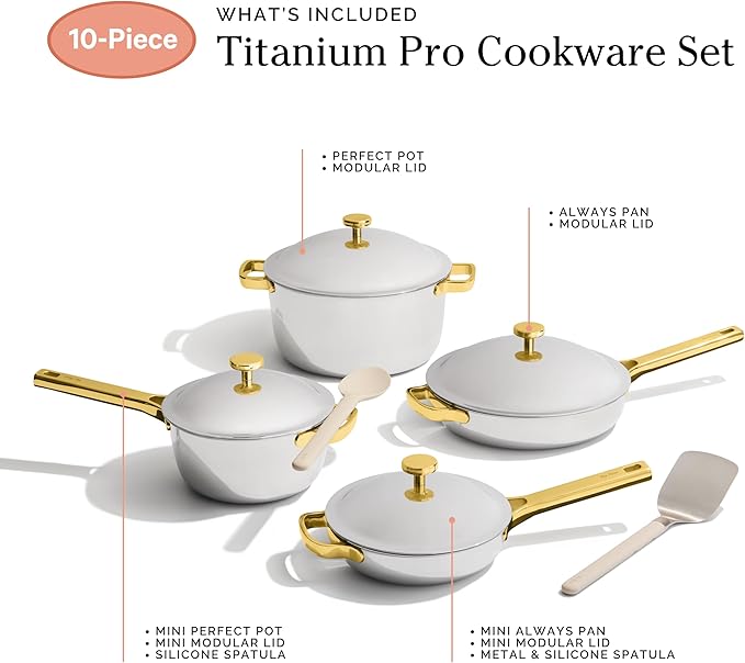 Our Place Titanium Pro Cookware Set | 10-Piece Pots and Pans Set with Always Pan Pro, Perfect Pot Pro & Minis | Non-Toxic No-Coating Nonstick | Induction & Oven-Safe up to 750째F | Gold