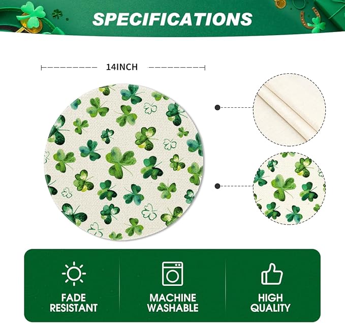 Artoid Mode Lucky Shamrock St. Patrick's Day Round Placemats Set of 4,14 Inch Seasonal Spring Farmhouse Table Mats for Party Kitchen Dining Decoration