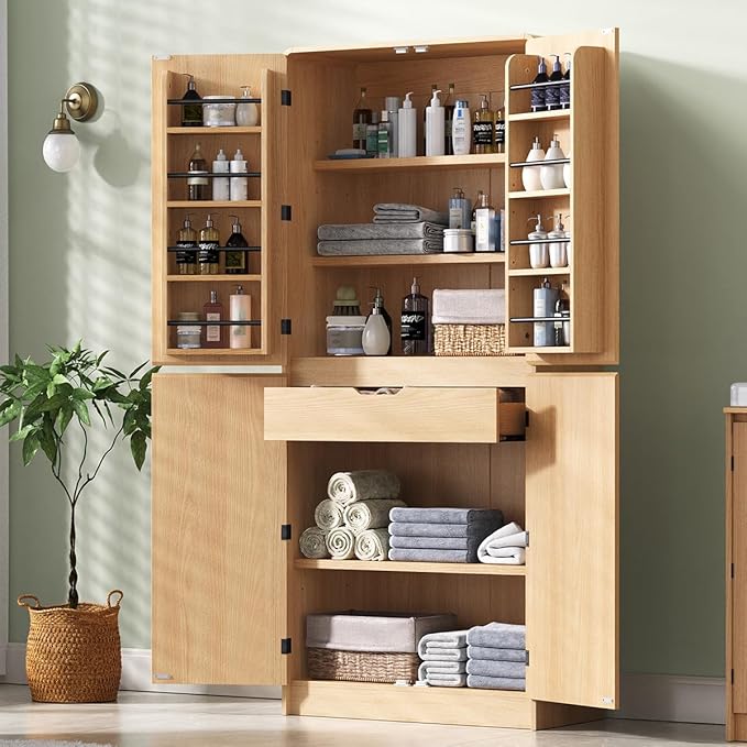 72" Tall Farmhouse Kitchen Pantry Cabinet with 8 Door Shelves, Curved Storage Cabinet with 3 Adjustable Shelves & Hidden Drawer, Versatile Cupboard for Kitchen, Dining & Bathroom (Natural)