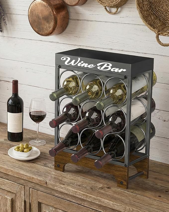 Countertop Wine Rack - 9 Bottle Freestanding with Top Tray, Modern Black Metal &Wood, 3 Tier Tabletop Wine Holder Stand for Home Kitchen Bar, Cabinet, Pantry, Wine Bottle Storage