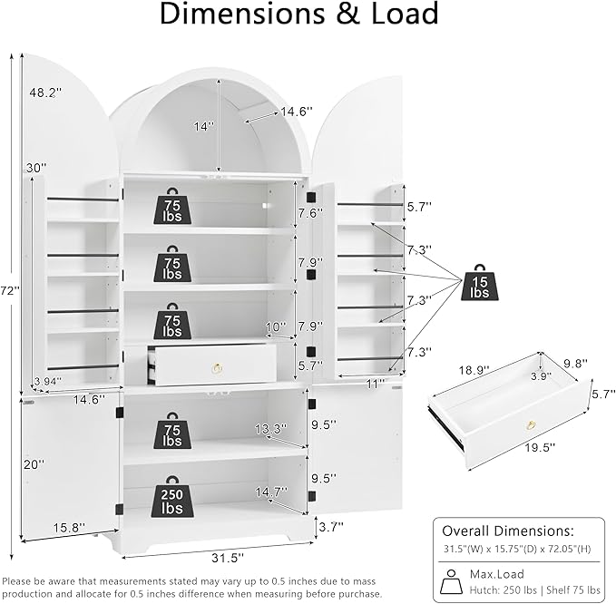 Ball & Cast 72?쿟all Arched Kitchen Pantry Cabinet with 8 Door Shelves & Drawers,Versatile Farmhouse Fluted Pantry Storage Cabinet w/ 3 Adjustable Shelves for Kitchen,Dining Room,White