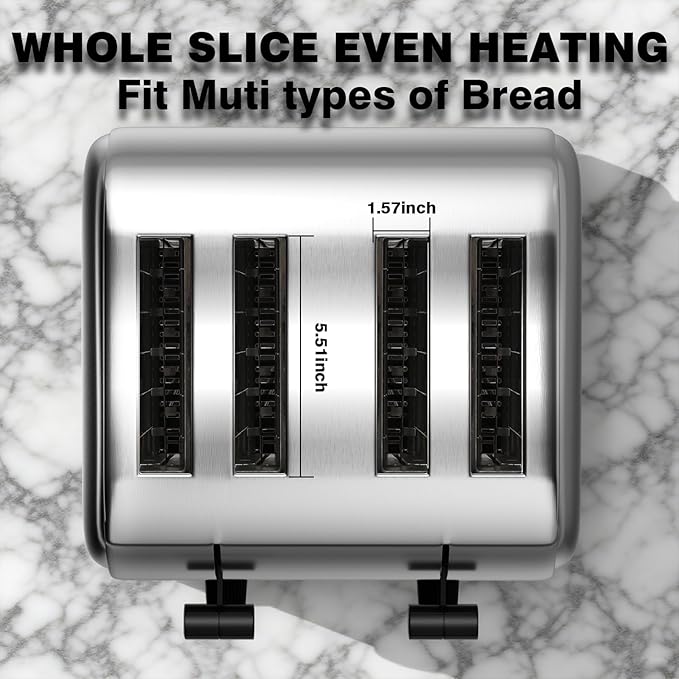 PYY Commercial Toaster 4 Slice for Restaurant - Wide Slots 1.57 inch Stainless Steel 6-Level Setting, 225 Slices/Hour 1800W - Bread, Bagels, Breakfast, Toast