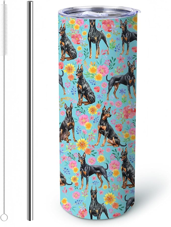 Yogusut Doberman Gifts for Women, 20oz Stainless Steel Insulated Tumbler Travel Mug Cup with Lid Straw Brush, Gifts for Dog Mom Dog Lover