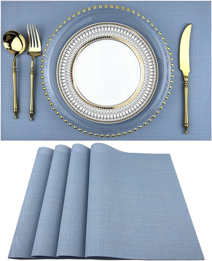 WAZAIGUR Placemats,Easy to Clean Crisscross Woven Vinyl Place Mats Durable Non-Slip Heat Resistant Table Mats,Placemats for Kitchen Table (Nattier Blue, 4)