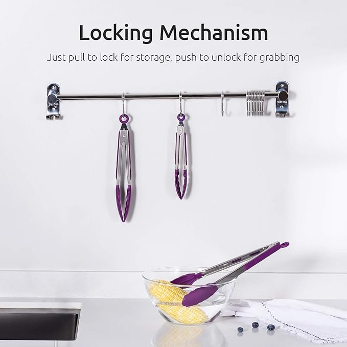 U-Taste Kitchen Tongs, 7/9/12 inches Cooking Tongs, with 600쨘F High Heat-Resistant Non-Stick Silicone Tips, 18/8 Stainless Steel Handle, for Food Grill, Salad, BBQ, Frying, Serving, Pack of 3(Purple)