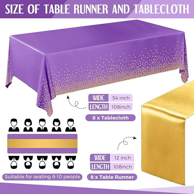 Tudomro 16 Pcs Purple and Gold Disposable Plastic Tablecloths and Satin Table Runner Set 54x108 Inch Tablecloth 12x108 Inch Table Runners for New Year Wedding Birthday Baby Shower Graduation