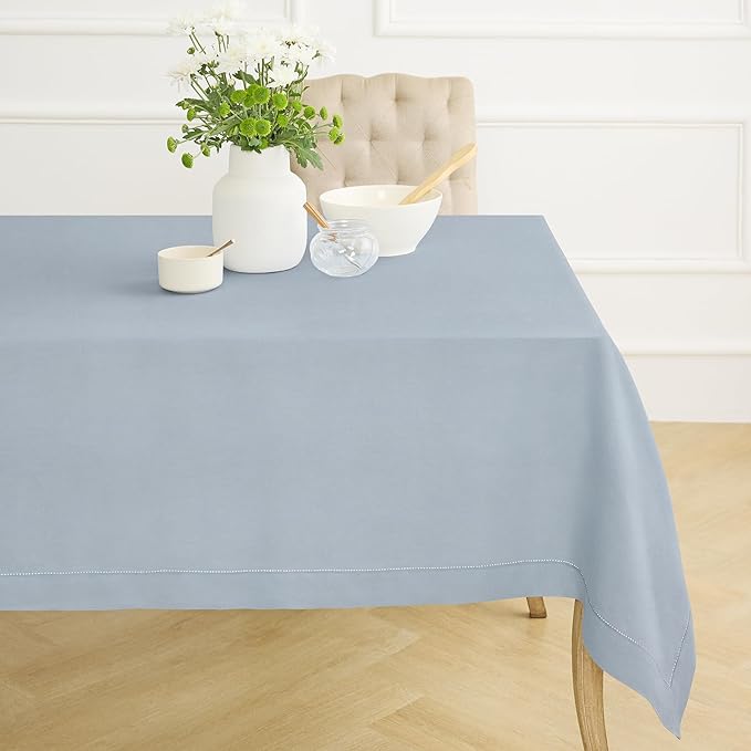 Solino Home Dusty Blue Linen Tablecloth 60 x 144 Inch - 100% Pure Linen Hemstitch Table Cloth for Rectangle Tables - Classic Hemstitch, Machine Washable Tablecloth for Winter, Spring, Easter