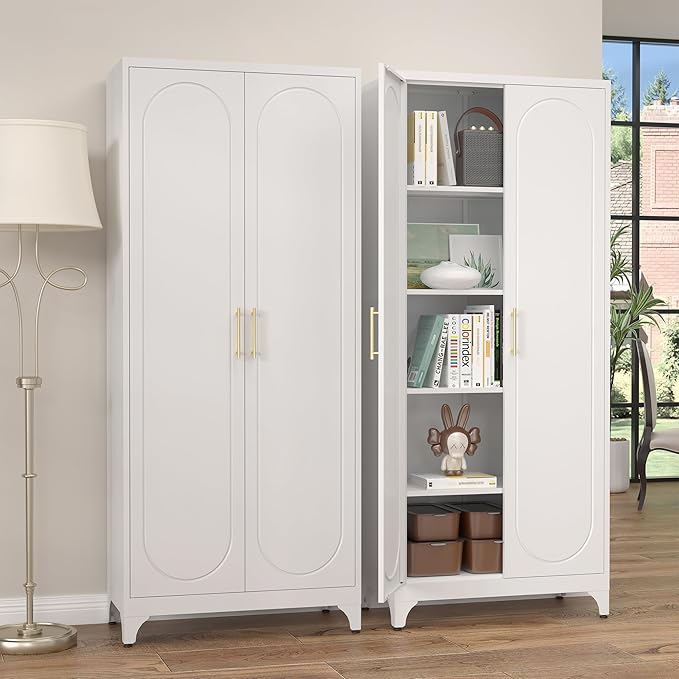 Kitchen Pantry Cabinet,75 Inch White Metal Storage Cabinet with Door and Adjustable, Tall Pantry Cabinets for Kitchen Storage,Cupboard for Living Room,Dining Room and Bathroom