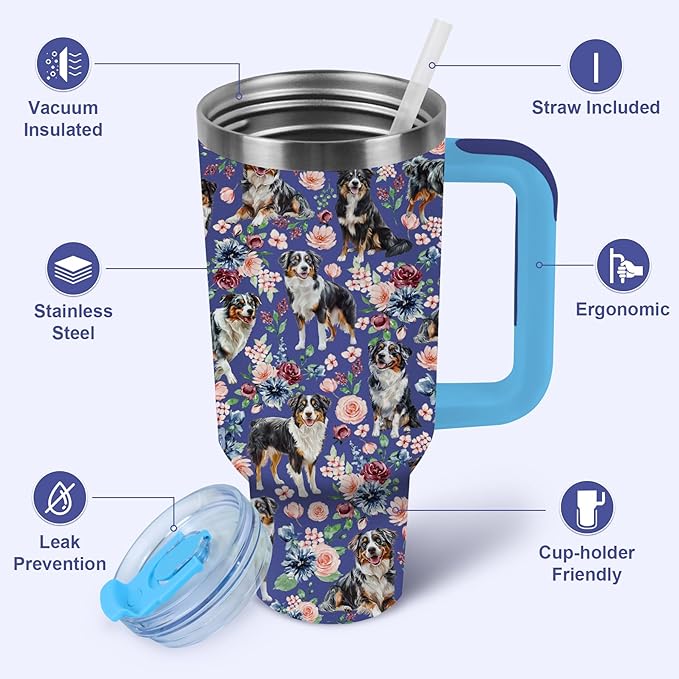 Yogusut Australian Shepherd Gifts for Women, 40oz Stainless Steel Insulated Tumbler Travel Mug Cup with Handle Straw, Gifts for Dog Mom Dog Lover