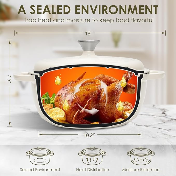 Enameled Cast Iron Dutch Oven Pot With Lid - AIVIKI 5QT Dutch Oven for Bread Baking With Cotton Potholders - Heavy-Duty Cookware for Braising, Stew, Roasting, Oven Safe up to 500째F, Cream White