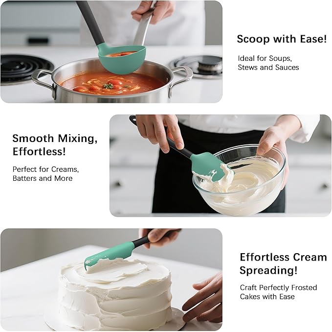 Coukre Silicone Kitchen Cooking Utensils Set with Holder ??Heat-Resistant, Food-Grade Kitchen Tools, Spatula, Spoon & Gadgets for Non-Stick Pans, Dishwasher Safe (14, AquaGreen)
