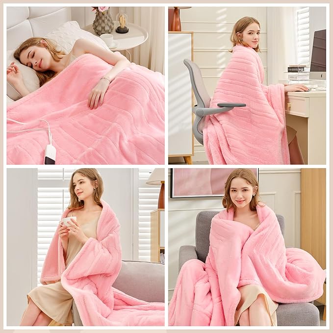 Premium Heated Throw Blanket 50"횞60" - Ultra Cosy Soft Electric Blanket with 8 Heating Levels,Plush Fast Heating Faux Rabbit Fur Blanket for Bed & Couch - Auto Shut Off,Machine Washable (Pink)
