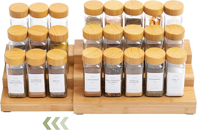 KitchenEdge Expandable Spice Rack Organizer for Cabinet, 3-Tier Shelf for Spice Organization (11??to 22??, Fits 36 Spice Jars, Seasoning and Pantry Storage, Non-Slip Feet, 100% Bamboo Wood