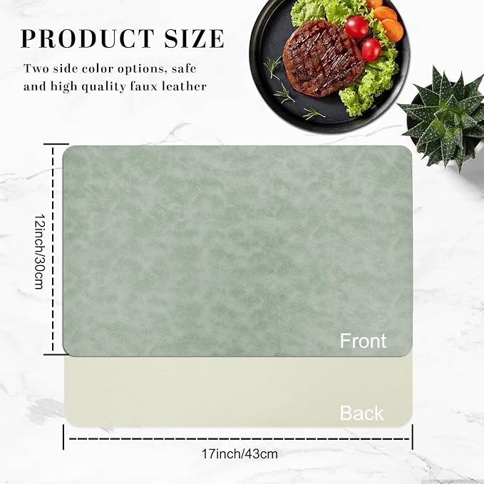 BLESWIN Faux Leather Placemats, Set of 6, 12횞17 Inch -Double Side Texture Color Table Mats, Heat-Resistant, Waterproof and Oil-Resistant, Suitable for Dining Room, Kitchen, Party, Outdoor -Green&White