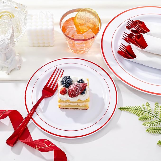 WELLIFE 350 Pcs Red Plastic Plates for 50 Guests - Plastic Dinnerware Set,Party Supplies Includes 100 Red Plates,150 Silverware,50 Napkins,50 Cups