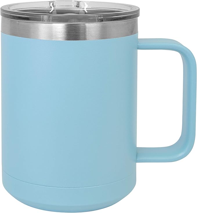 Clear Water Home Goods - (Bulk Pack of 12-15 oz Double Wall Coffee Mug with Lid and Handle, Double Insulated Stainless Steel Travel Tumbler Cup - Powder Coated - Light Blue
