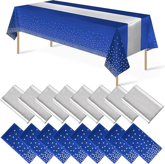 16Pack Disposable Plastic Tablecloths and Satin Table Runner Set Blue and Silver Dot Tablecloth Silver Satin Table Runner for Wedding Birthday Baby Shower Anniversary Christmas New Year Party Supplies