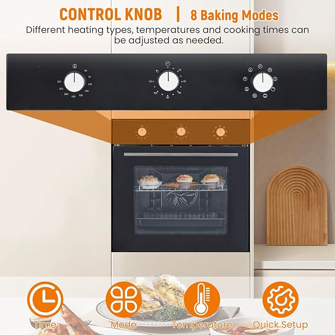 24 Inch Built-In Electric Wall Oven, 2.5 Cu.Ft Single Convection Oven with 8 Cooking Functions, 3000W High-Power Heating, Mechanical Knob Controls, Modern Black Finish