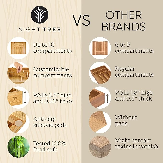Night Tree 2.5??Extra Deep Silverware Drawer Organizer with Adjustable Dividers ??Expandable Bamboo Flatware Tray for Kitchen, Reinforced Wood Cutlery Holder (14"-21.6" Wide)