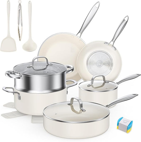 PekGema Ceramic Pots and Pans Set, 16 Pcs Cookware Set Non Toxic, Nonstick Kitchen Cookware, Oven Safe Cooking Pan Set, PFAS PTFE PFOA FREE, Cream White