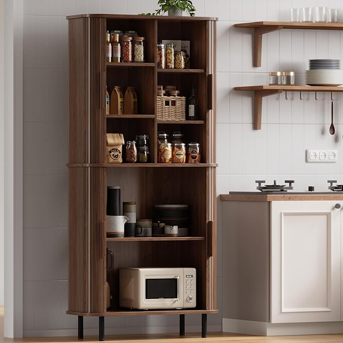 ONBRILL 71" Fluted Pantry Cabinet, Tall Kitchen Pantry Storage Cabinet with 2 Pegboards, 4 Hooks & Adjustable Shelves, Wood Cupboard for Kitchen, Dining Room, Living Room and Hallway, Walnut