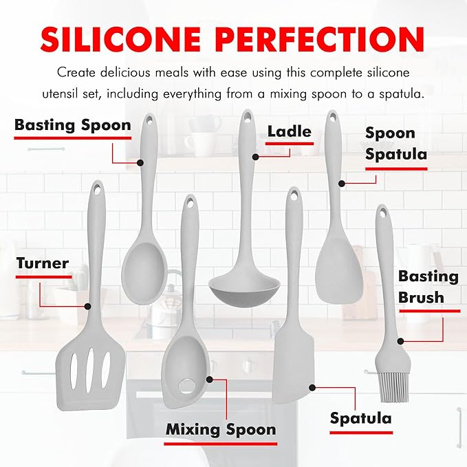 Chef Craft - Premium Silicone Kitchen Tools and Utensils Set, Non-Scratch, Withstands Temperatures up to 450째F, BPA-Free, 7 Piece Cooking Utensils Set, Gray